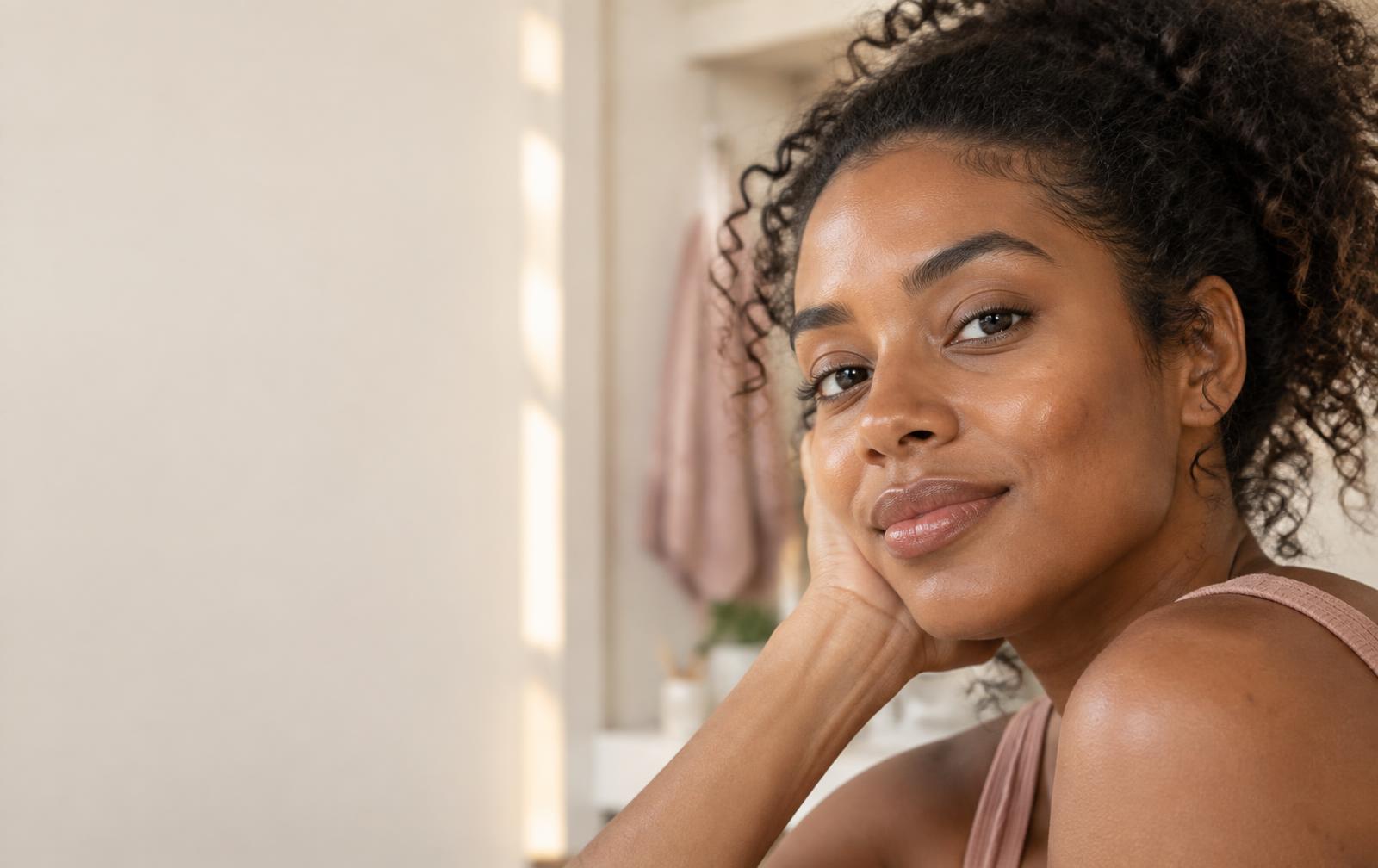 Mulher jovem negra com pele natural e textura visível